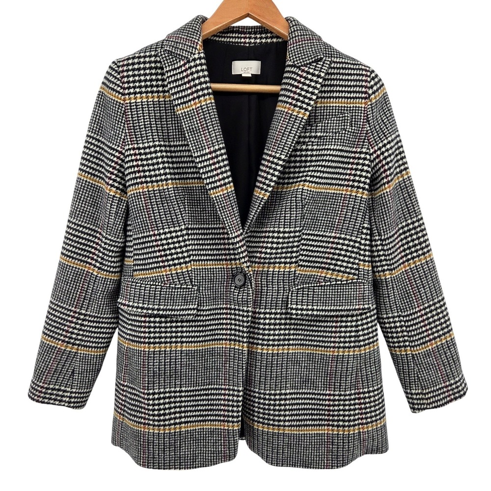 LOFT Petites Houndstooth Blazer Jacket 8P Black White Wool Blend Coat - Picture 2 of 9